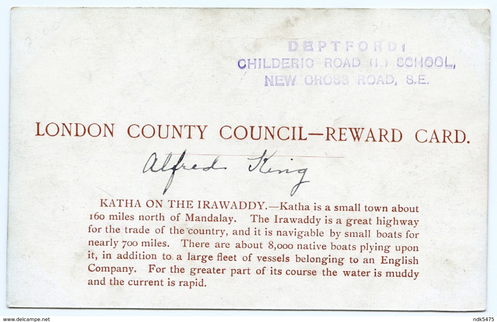 LONDON COUNTY COUNCIL REWARD CARD : KATHA ON THE IRAWADDY - DEPTFORD, CHILDERIC ROAD SCHOOL - 1900-1949