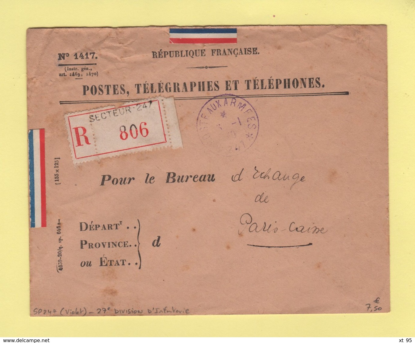 Poste Aux Armees 247 - 27e Division D Infanterie - 3-1-1939 - Destination Bureau D Echange Mandats Paris Caisse - WW II