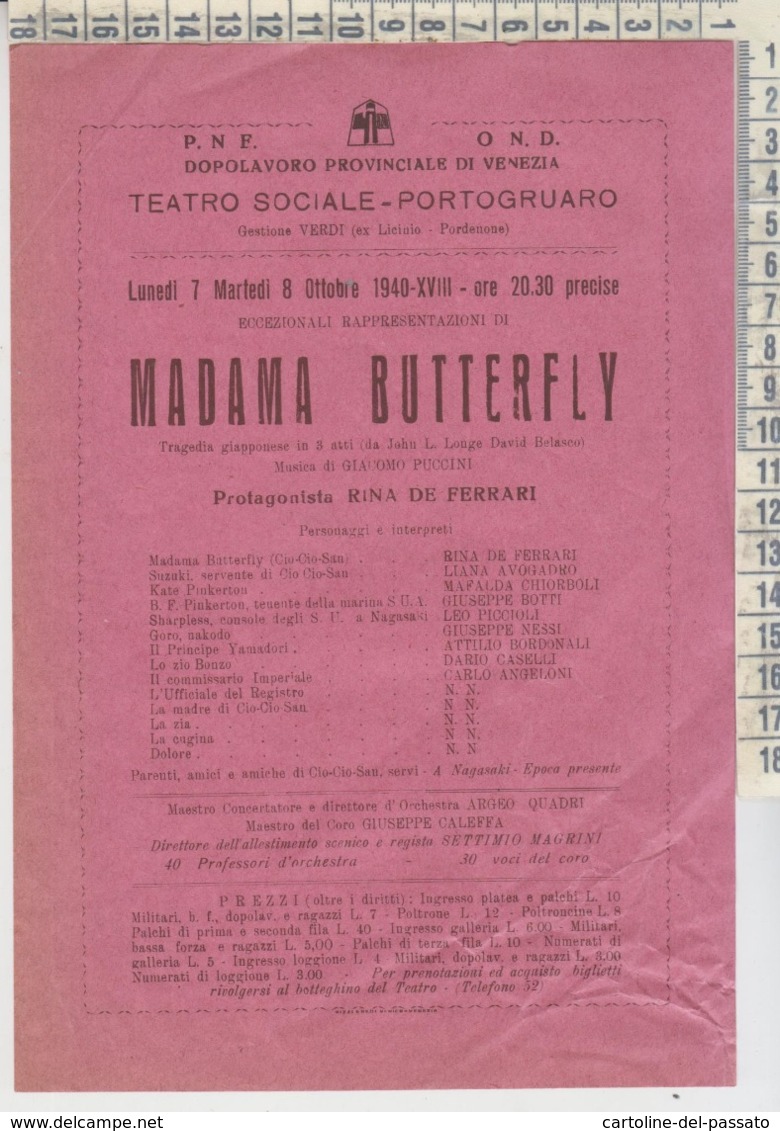 CINEMA MADAME BUTTERFLY PORTOGRUARO TEATRO SOCIALE 1940 ORIGINALE - Pubblicitari