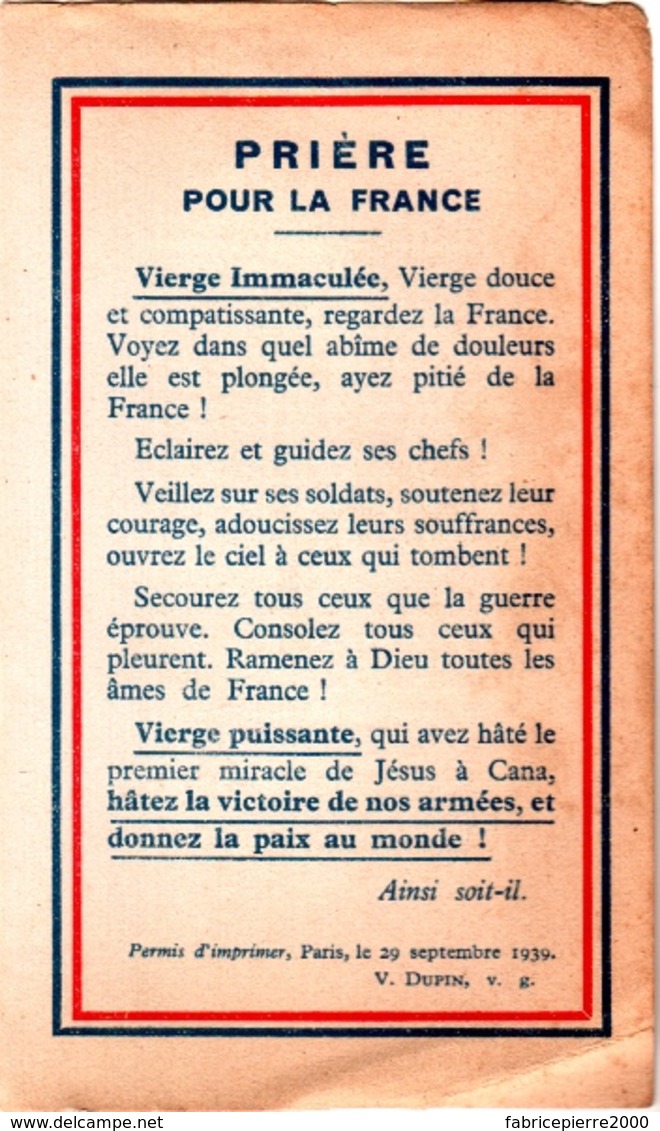 1939 Prière Pour La France. Vierge Immaculée Et Puissante - Oeuvre Du Chapelet Des Enfants - 2 Scans - Santini