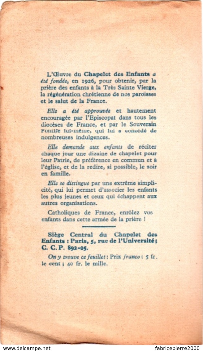 1939 Prière Pour La France. Vierge Immaculée Et Puissante - Oeuvre Du Chapelet Des Enfants - 2 Scans - Santini