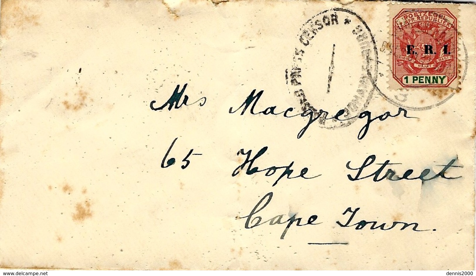 1901- Cover Fr. 1 Penny  Surcharge E.R.I  With  Johanesbourg  Censor To Cape Town - Nieuwe Republiek (1886-1887)