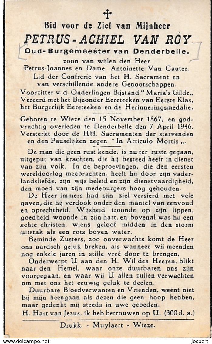 Burgemeester,Petrus Van Roy, Denderbelle, Wieze, 1946, Van Cauter - Images Religieuses