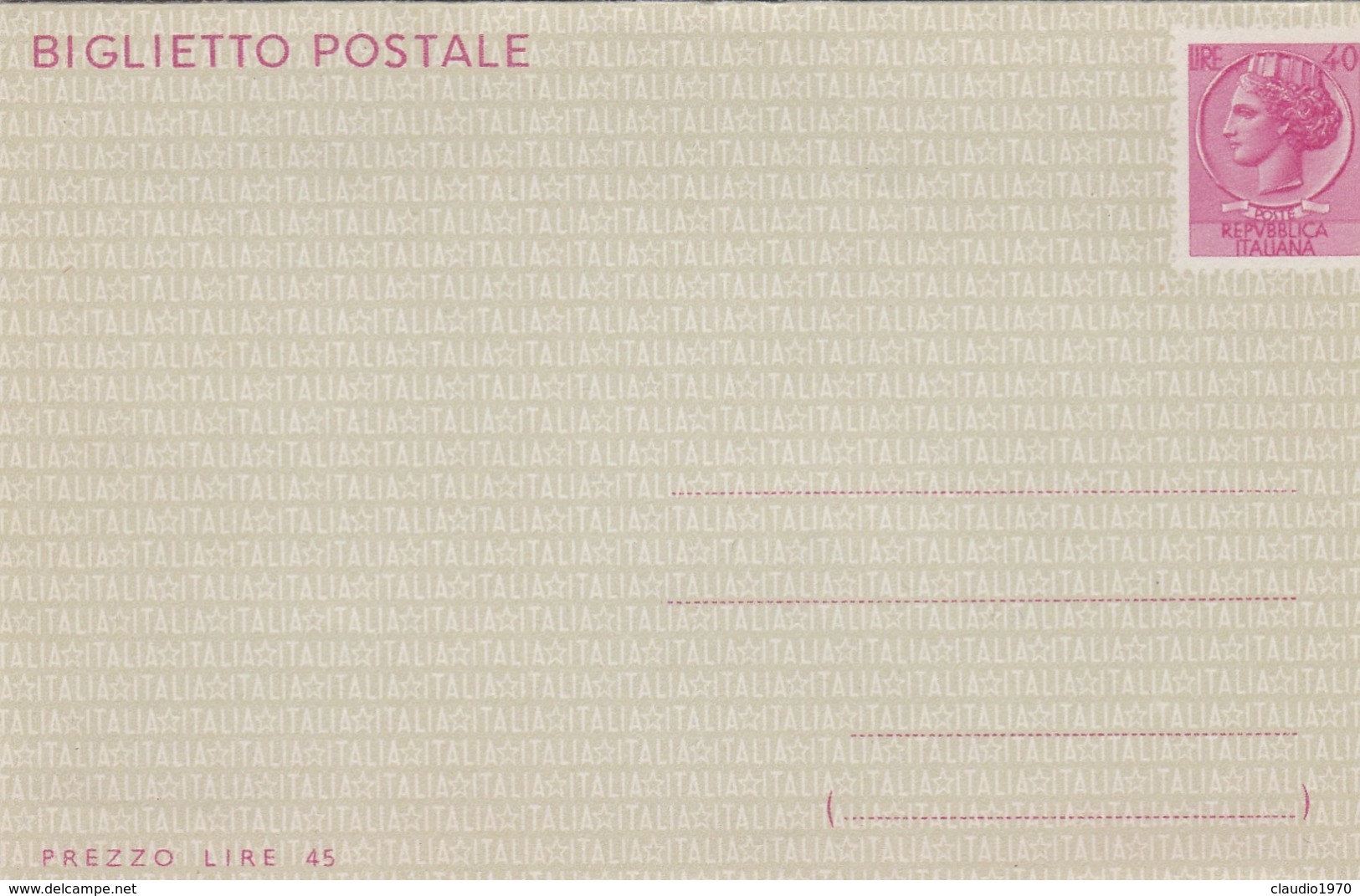 STORIA POSTALE - BIGLIETTO POSTALE L. 40 - NON VIAGGIATO - Interi Postali