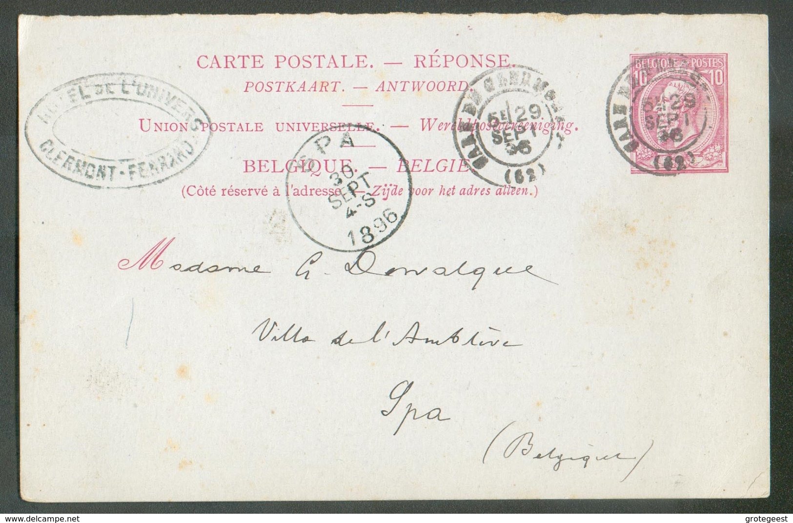 EP Carte Type 46, Obl. Dc Française GARE DE CLERMONT Du 29 Sept. 1896 Vers Spa -  TB  - 14795 - Cartes Postales 1871-1909