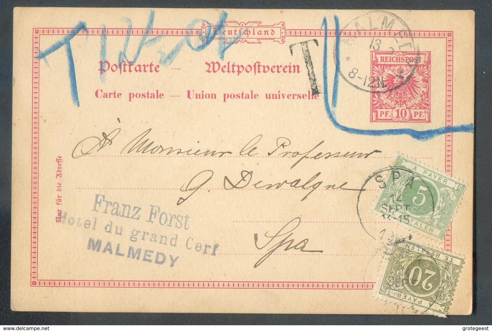 EP Allemand Type Aigle 10pfg, Obl; Sc MALMEDY (canton De L'Est) 13 ,sept. 1904 Vers Spa (vignette Non Valable Et Entouré - Tarjetas 1871-1909