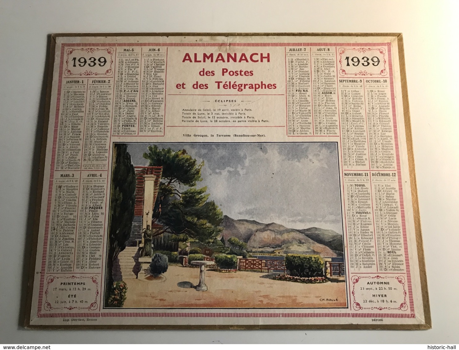 Calendrier Almanach Des Postes Et Des Telegraphes - 1939 - Villa Grecque, La Terrasse BEAULIEU SUR MER - Grand Format : 1921-40