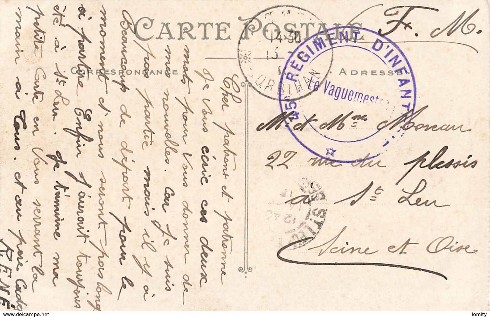 Marcophilie Cachet Guerre 1914 1918 Cachet 45e Regiment Infanterie Sur Cpa Lorient Arsenal De La Marine - WW I