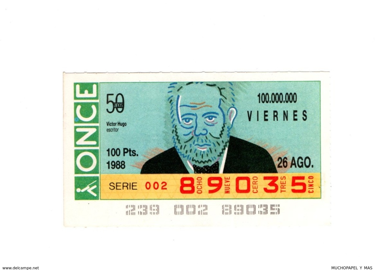 SPAIN CUPÓN DE ONCE OLD LOTTERY LOTERÍA ESPAÑA 1988 50 AÑOS VICTOR HUGO ESCRITOR FRANCIA FRANCE WRITER ÉCRIVAIN VER FOTO - Loterijbiljetten