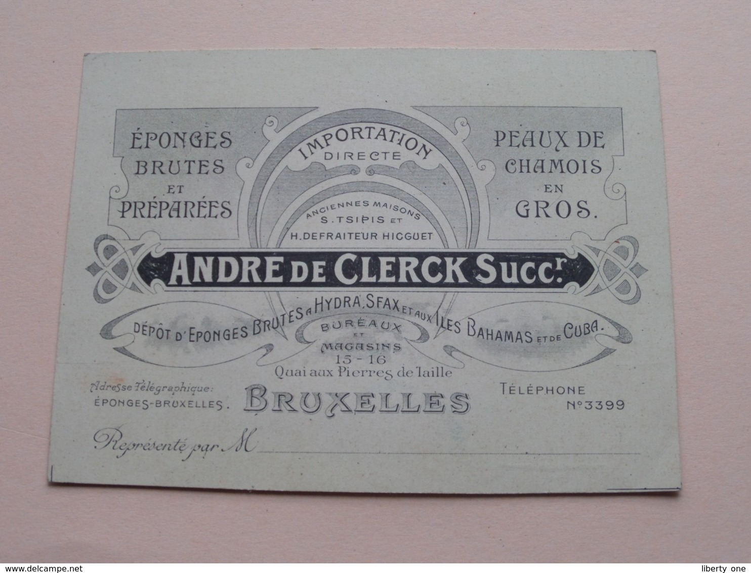 Eponges ANDRE De CLERCK Succr. - 15-16 Quai Aux Pierres De Taille BRUXELLES (Anc. Tsipis) ( Voir / Zie Photos ) ! - Visiting Cards