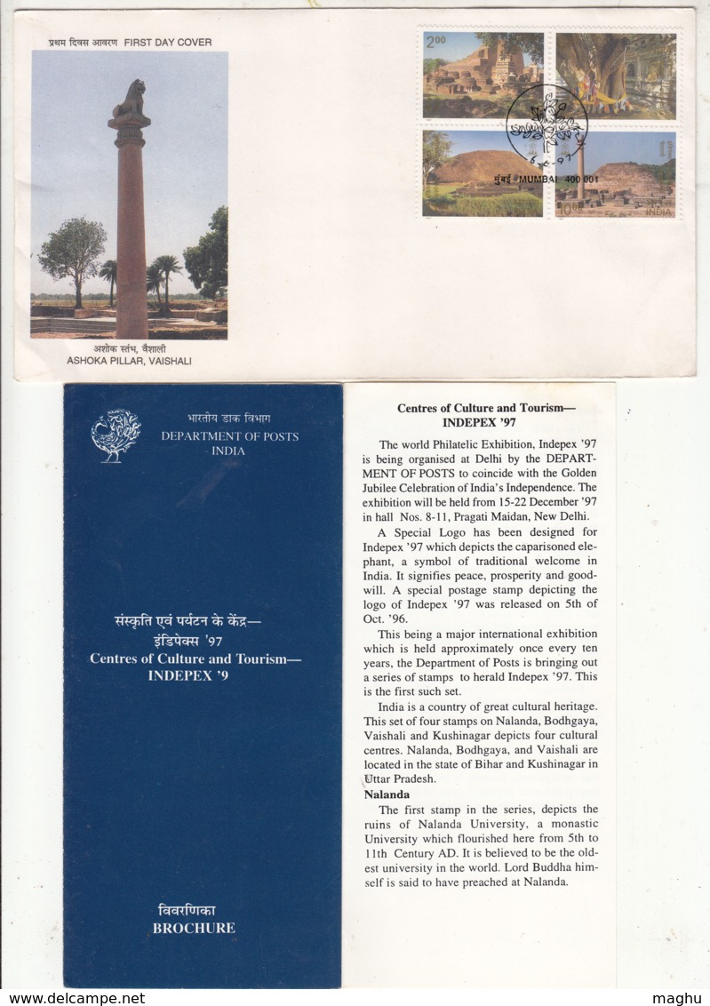 India FDC (Mumbai) + Info., 1997, INDEPEX 97, Buddhist Culture Sites, Bhuddism, Se-tenent,, Moument - Buddhism