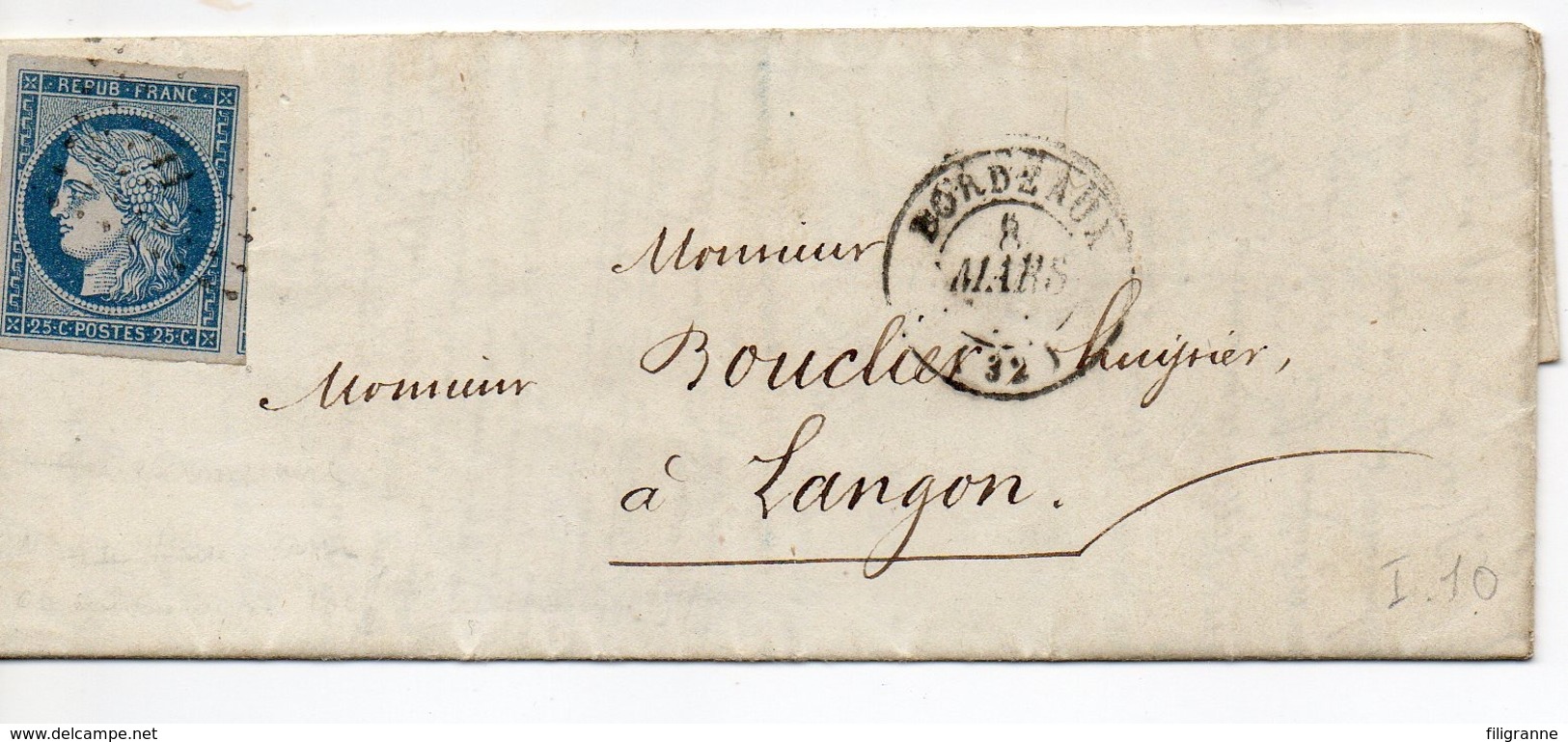 PETITE LETTRE DE BORDEAUX POUR LANGON - 1849-1850 Cérès