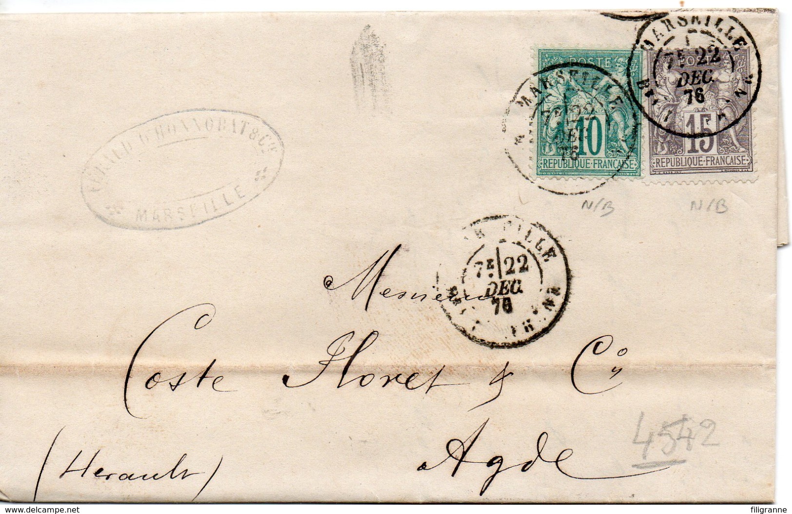 PETITE LETTRE DE MARSEILLE POUR AGDE - 1876-1878 Sage (Type I)