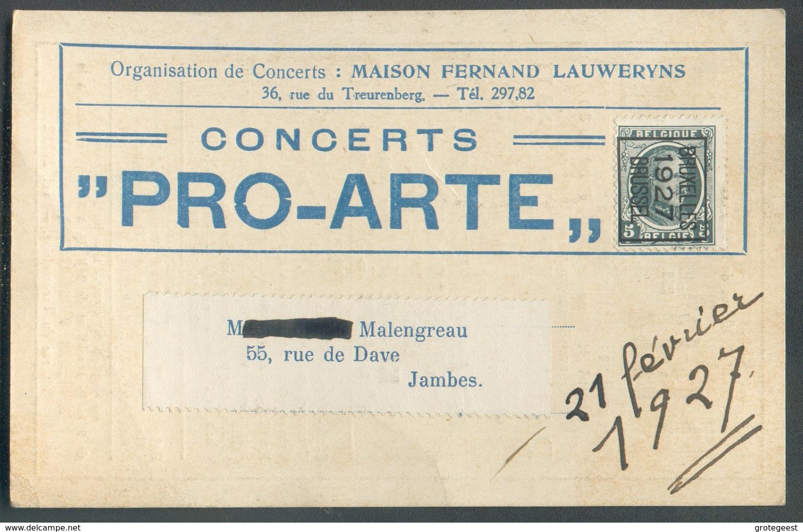 CONCERTS PRO-ARTE Belgique 5c. Houyoux PREO BRUXELLES 1927 BRUSSEL Vers Jambes; Verso Publ. Salle Du Conservatoire De Br - Musique