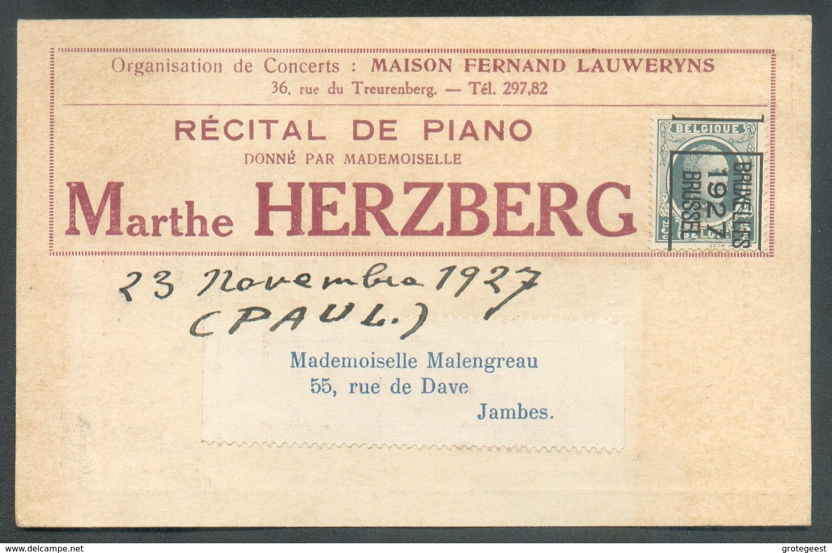 RECITAL De PIANO Marthe Herzberg Belgique 5c. Houyoux PREO BRUXELLES 1927 BRUSSEL Vers Jambes; Verso Publ. Salle De L'Un - Musique