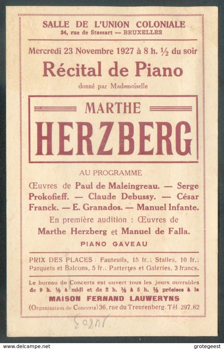 RECITAL De PIANO Marthe Herzberg Belgique 5c. Houyoux PREO BRUXELLES 1927 BRUSSEL Vers Jambes; Verso Publ. Salle De L'Un - Musique