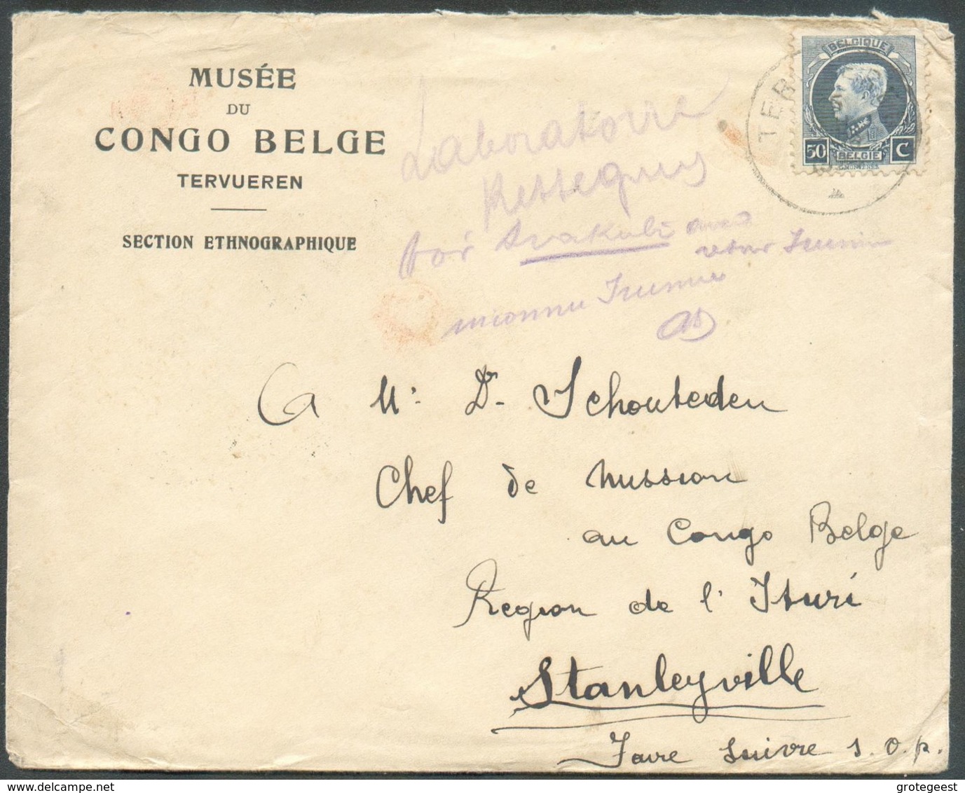 50c. Petit Montenez Obl. Sc TERVUEREN Sur Lettre En-tête MUSEE Du CONGO BELGE Section Ethnographique Vers Stanleyville ( - 1921-1925 Petit Montenez
