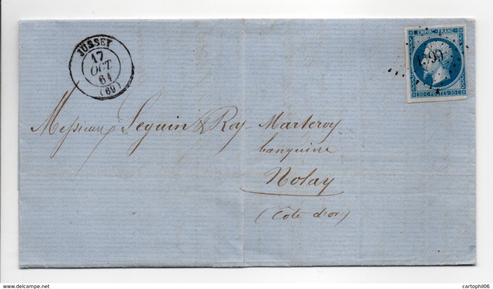 - Lettre JUSSEY (Haute-Saône) Pour NOLAY (Côte-d'Or) 17 OCT 1864 - 20 C. Bleu Napoléon III Losange PC 1599 - - 1849-1876: Période Classique