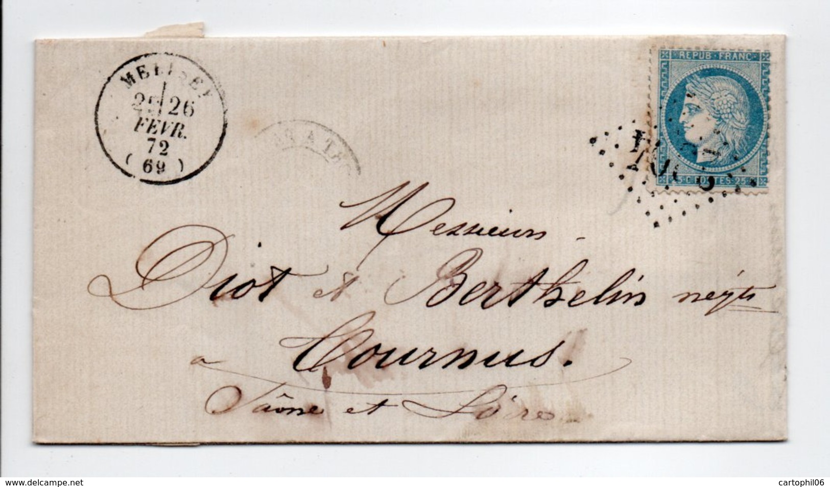 - Lettre MÉLISEY (Haute-Saône) Pour TOURNUS 26 FEVR 1872 - 25 C. Bleu Type Cérès Losange GC 2304 - - 1849-1876: Période Classique