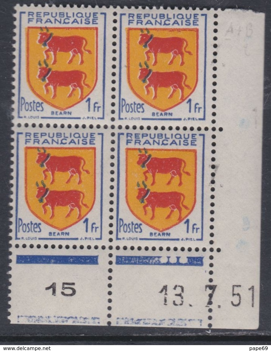 France N° 901 XX Armoiries De Provinces : Béarn En Bloc De 4 Coin Daté Du 13 . 7 . 51  3 Points Blancs Sans Charnière TB - 1950-1959