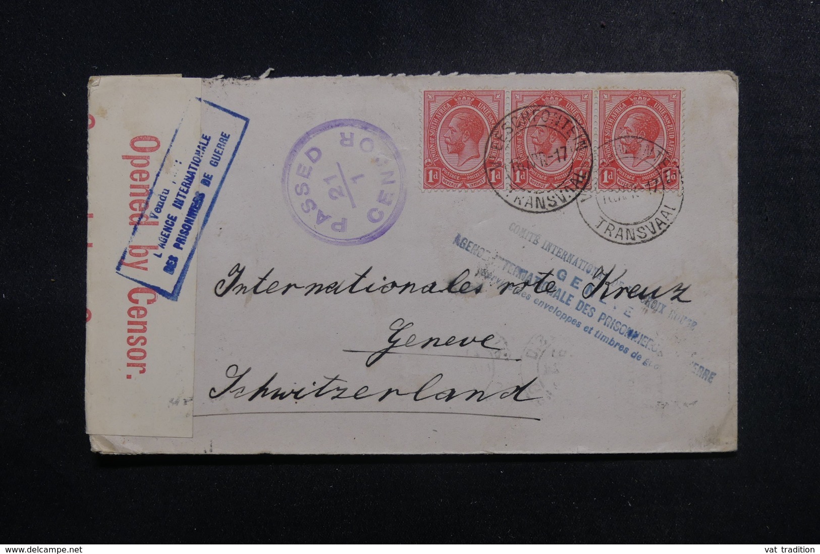 AFRIQUE DU SUD - Enveloppe ( Vendue Par L'Agence Intern. Des PG)  Pour La Suisse En 1917 Avec Contrôle Postal - L 47884 - Lettres & Documents