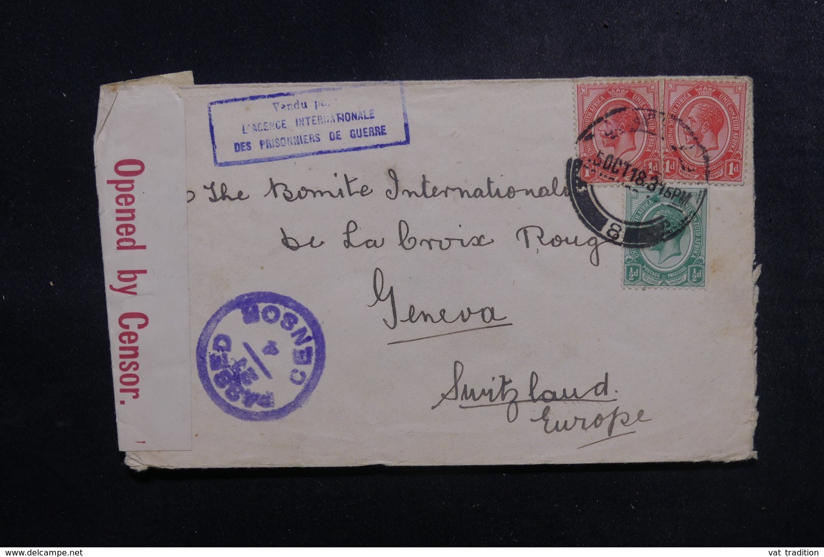 AFRIQUE DU SUD - Enveloppe ( Vendue Par L'Agence Intern. Des PG)  Pour La Suisse En 1918 Avec Contrôle Postal - L 47886 - Lettres & Documents