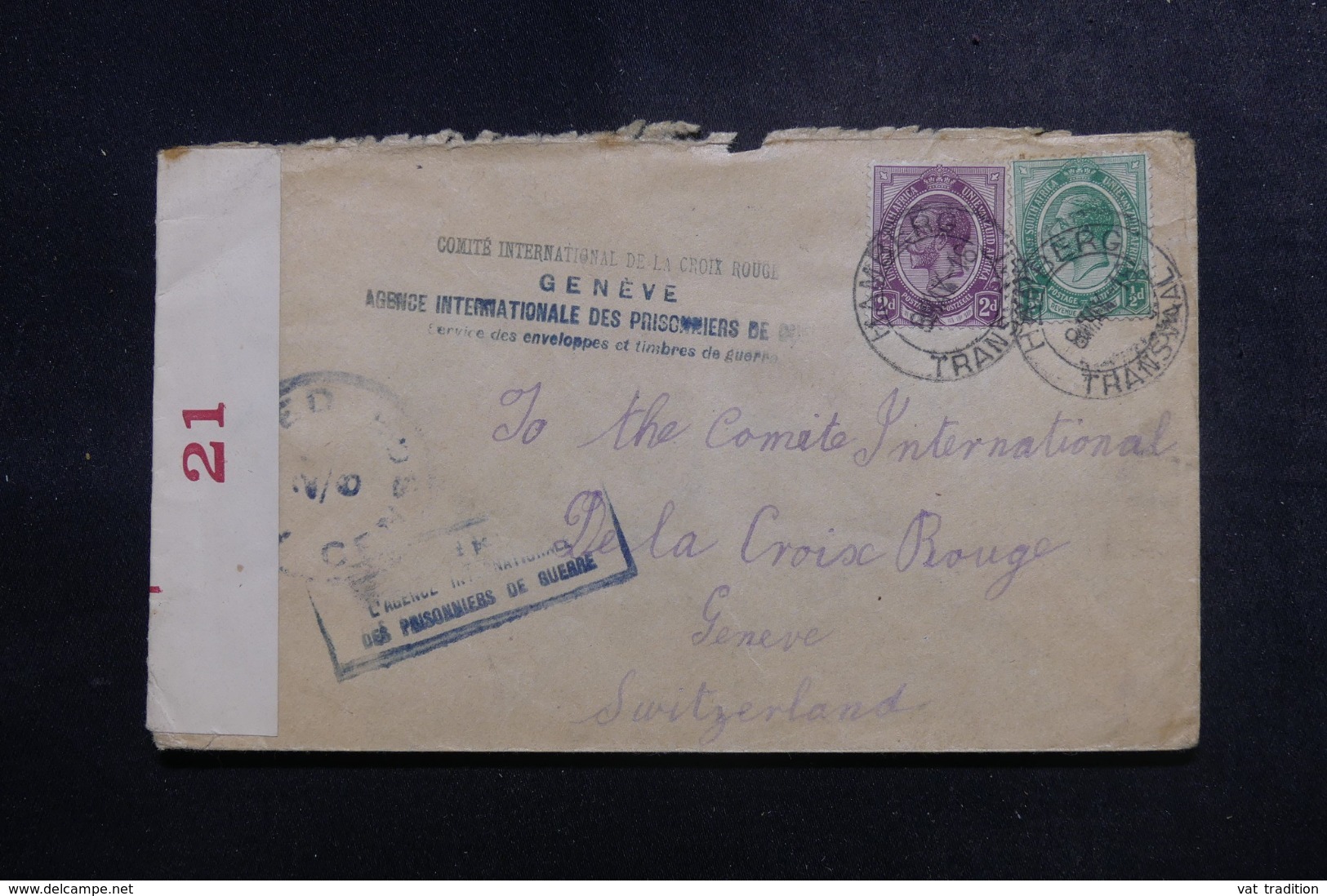 AFRIQUE DU SUD - Enveloppe ( Vendue Par L'Agence Intern. Des PG)  Pour La Suisse En 1918 Avec Contrôle Postal - L 47887 - Lettres & Documents