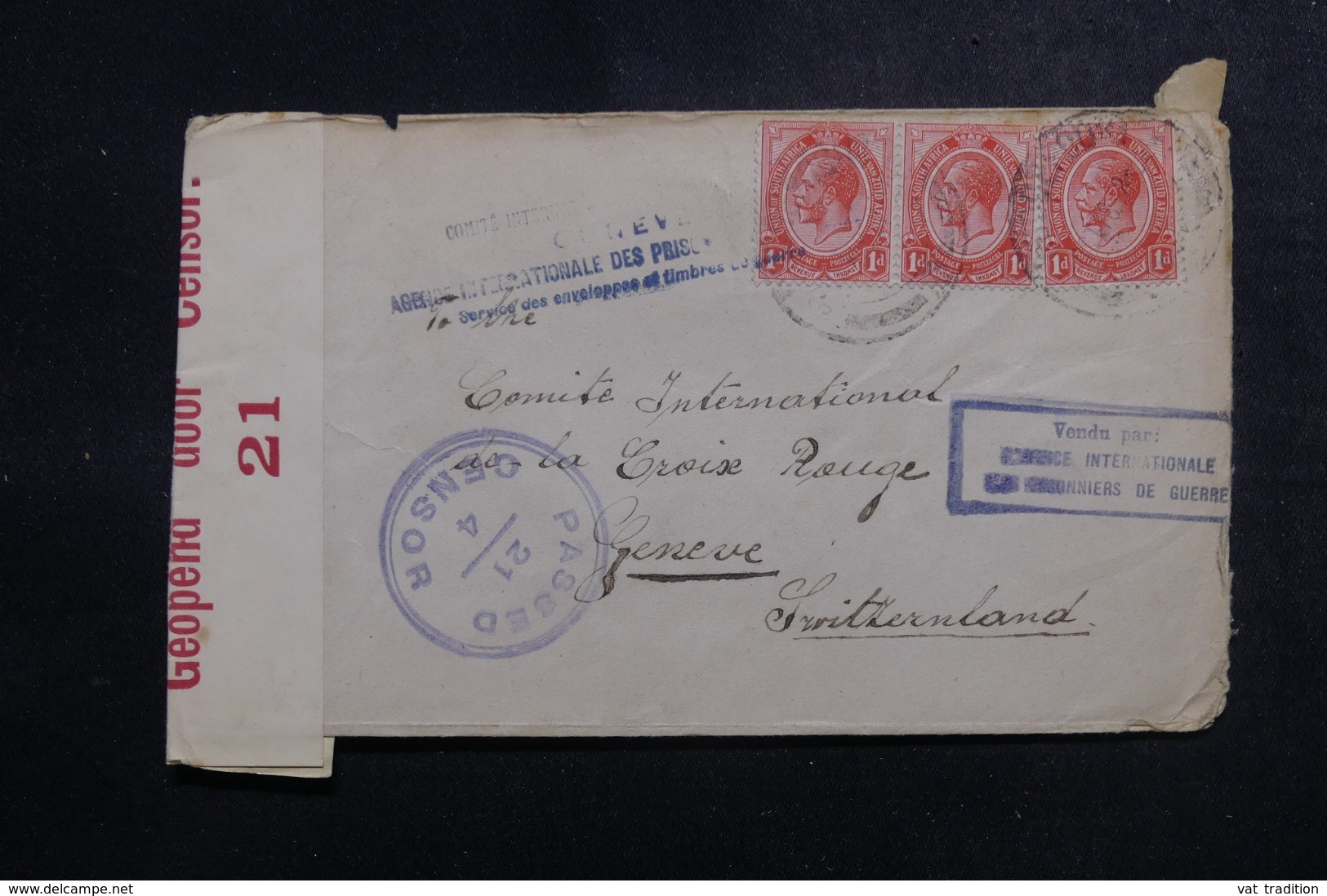 AFRIQUE DU SUD - Enveloppe ( Vendue Par L'Agence Intern. Des PG)  Pour La Suisse En 1918 Avec Contrôle Postal - L 47888 - Lettres & Documents