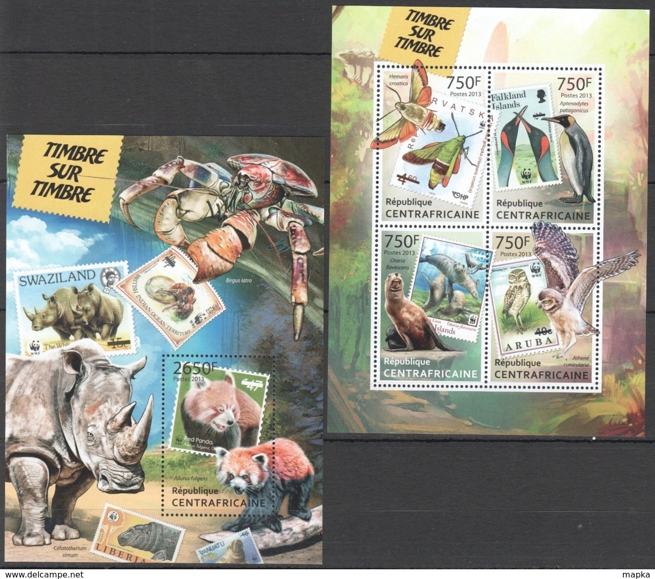 CA634 2013 CENTRAL AFRICA CENTRAFRICAINE WWF FAUNA ANIMALS BIRDS STAMPS ON STAMPS KB+BL MNH - Sonstige & Ohne Zuordnung