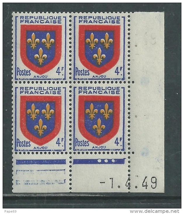 France N° 838 XX Armoiries : Anjou  En Bloc De 4 Coin Daté Du 1 . 4 . 49  ; 3 Points Blancs, Sans Charnière, TB - 1940-1949