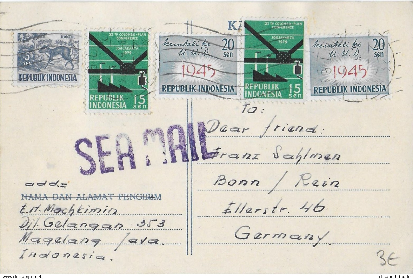 1959 - MARITIME - INDONESIA - CP Avec GRIFFE "SEA MAIL" De MAGELANG => BONN (GERMANY) - Indonesia
