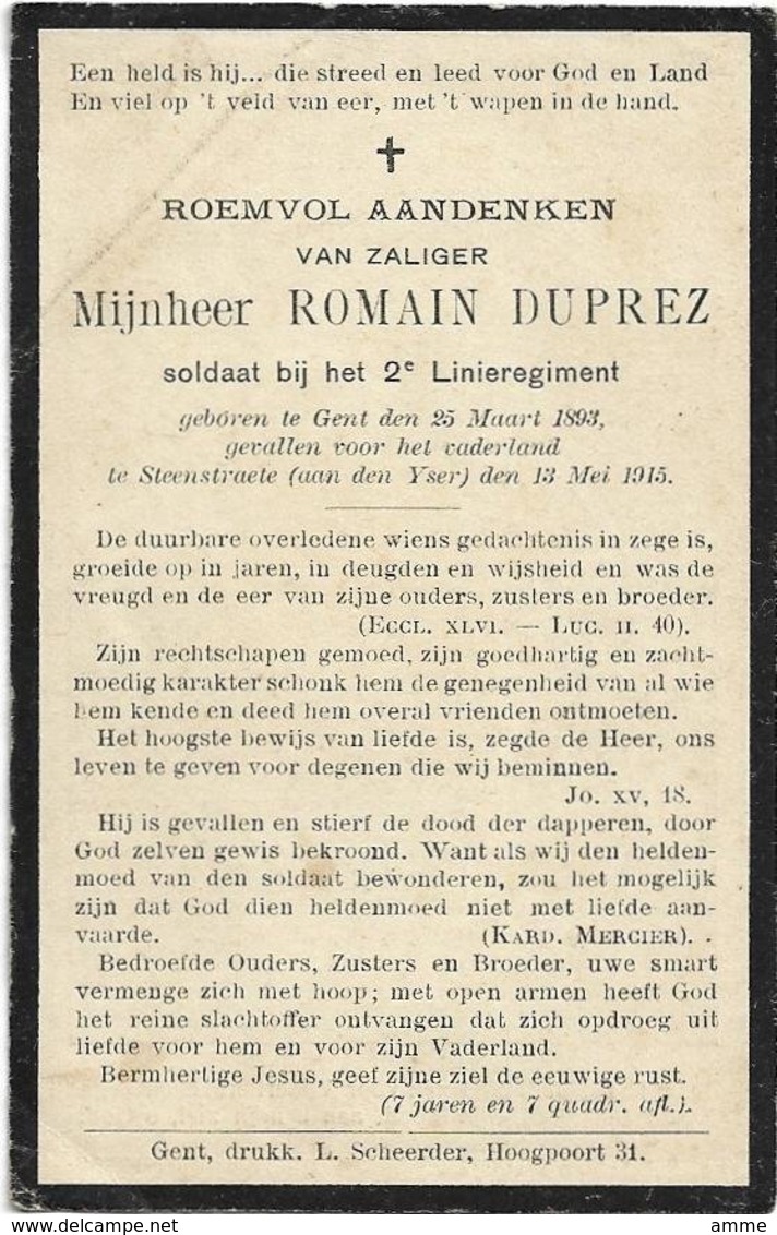 Doodsprentje *  Duprez Romain  (° Gent 1893 / + Steenstraete (aan Den Yser) 1915) Soldaat 2° Linieregiment - Godsdienst & Esoterisme