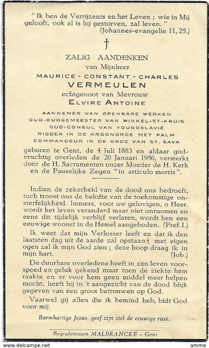 Doodsprentje *  Vermeulen Maurice  (° Gent 1883 / + 1956) X Antoine Elvire   (Burgemeester Sint-Kruis-Winkel) - Godsdienst & Esoterisme