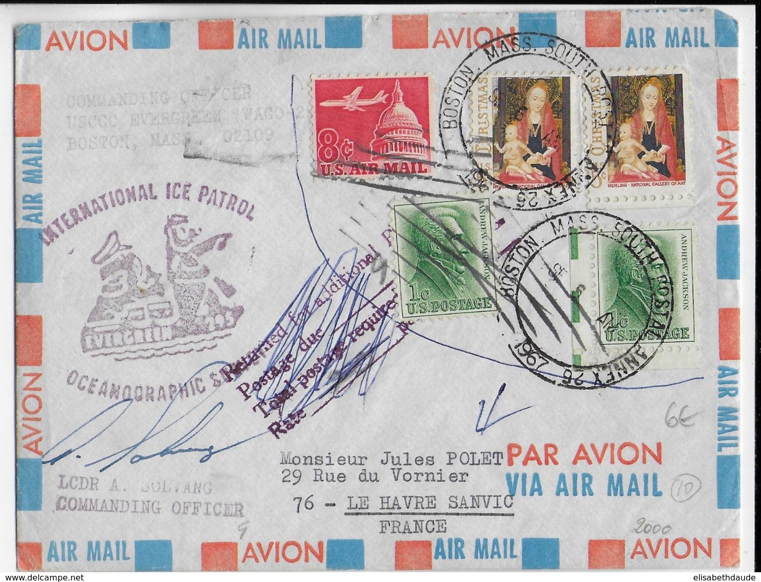 1967 - MARITIME SEA POST POLAR - USA - ENVELOPPE Du PAQUEBOT EVERGREEN - OCEANOGRAPHIC SURVEY ! TAXE => LE HAVRE - Marcofilia