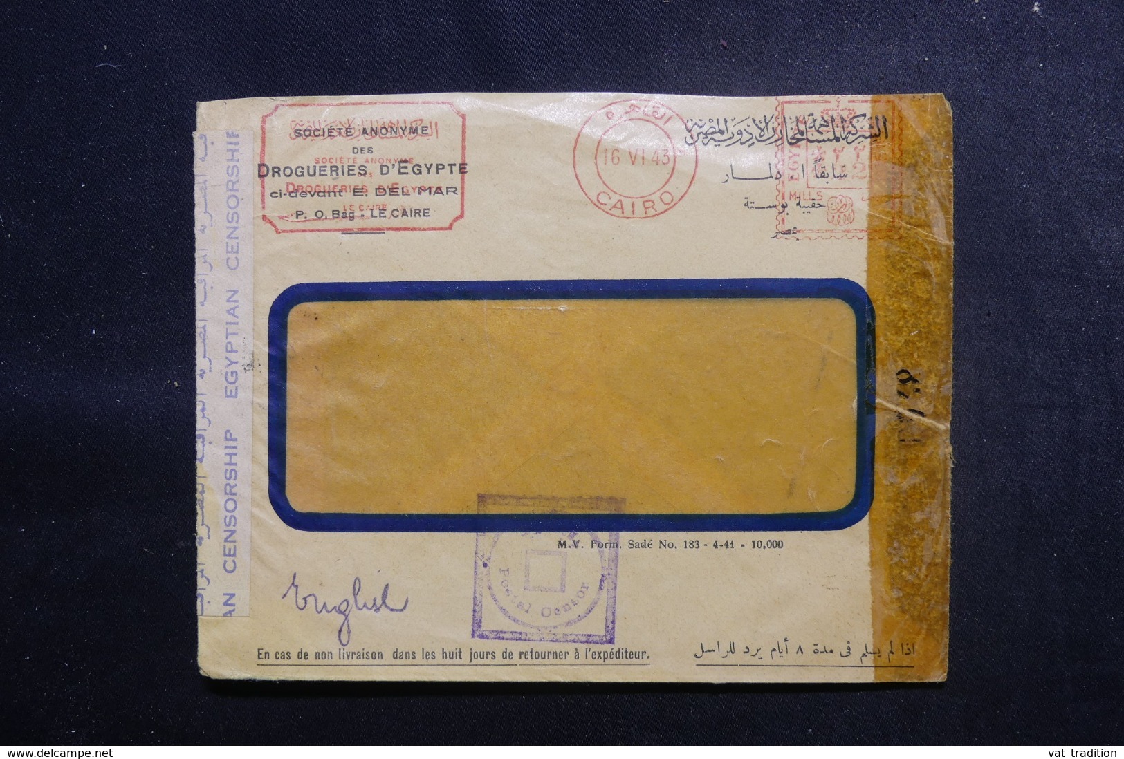 EGYPTE - Enveloppe Commerciale Du Caire  En 1943 Avec Contrôles Postaux - L 47920 - Lettres & Documents