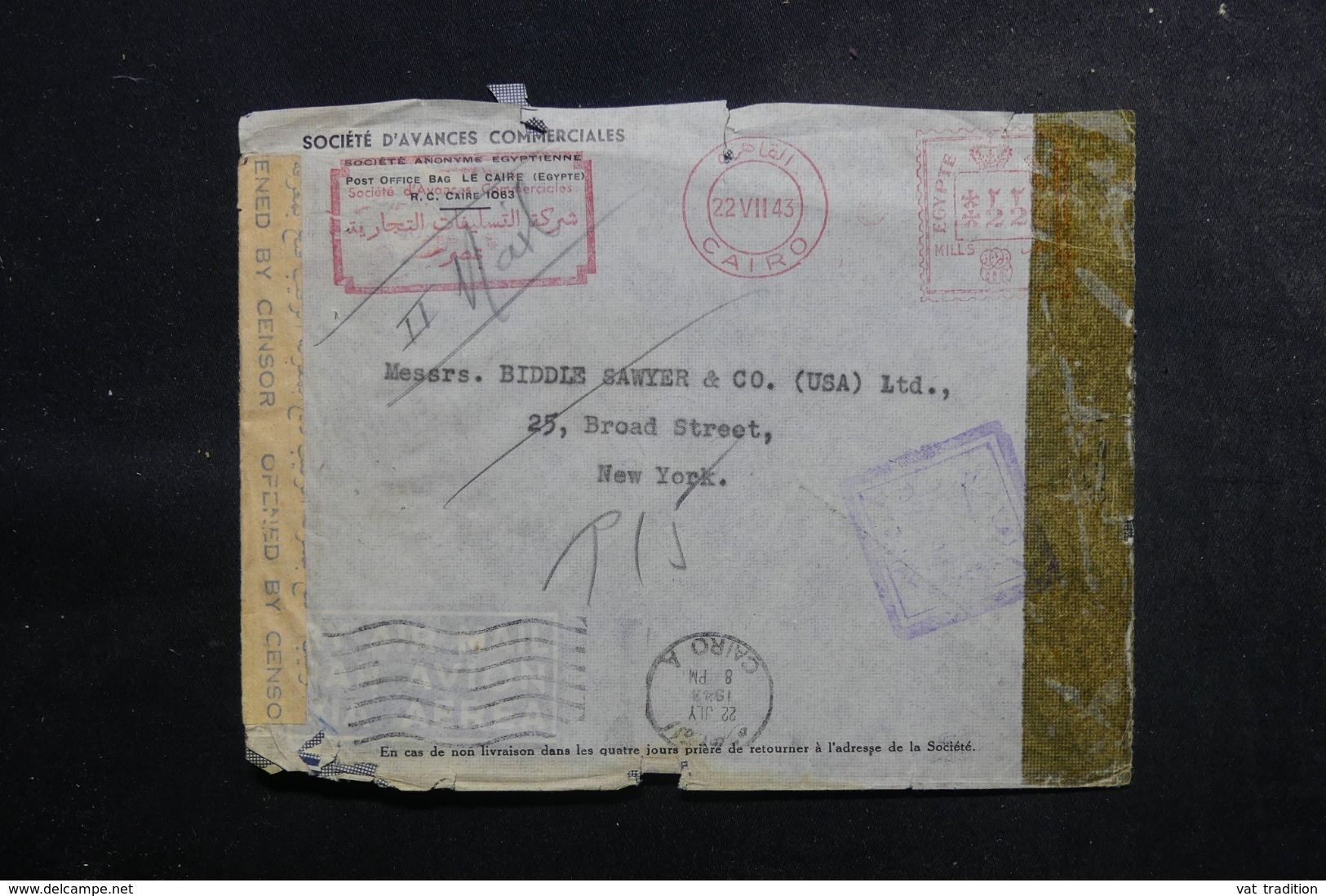 EGYPTE - Enveloppe Commerciale Du Caire Pour New York En 1943 Avec Contrôles Postaux - L 47921 - Lettres & Documents