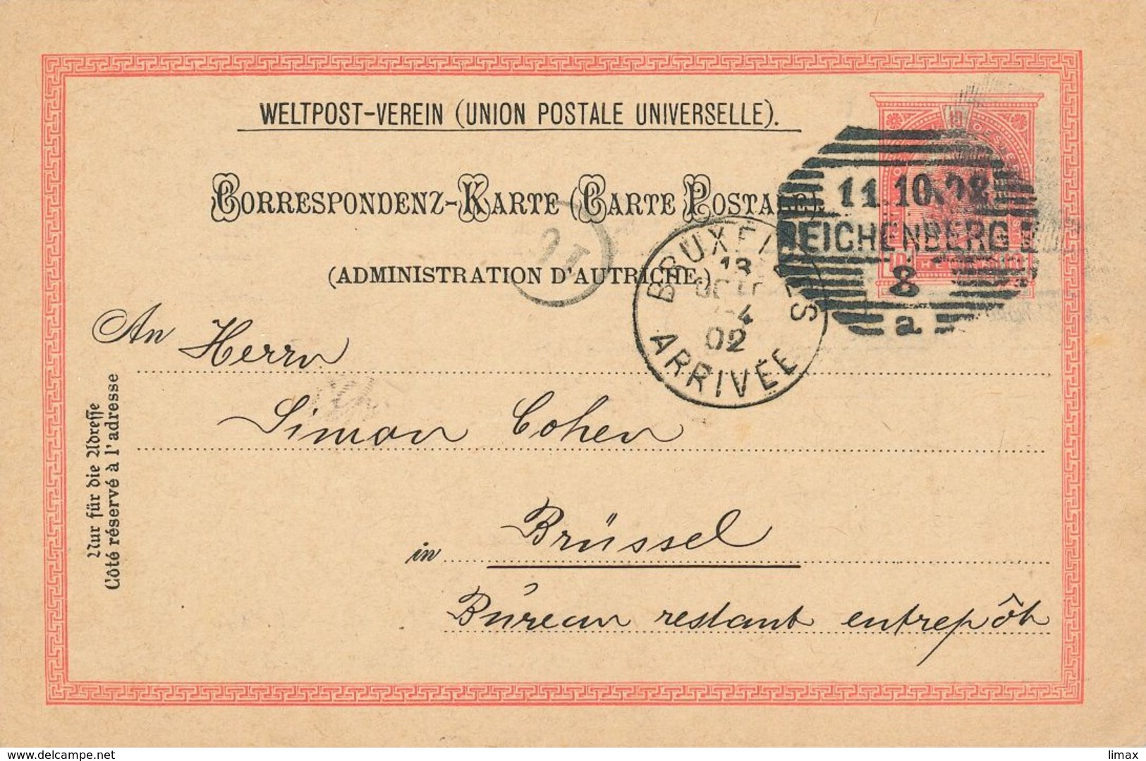 Reichenberg Roststempel 3zeilig - Ganzsache Nach Brüssel 1902 - Rs: Privater Zudruck Alfred Deutsch & Comp - Covers & Documents