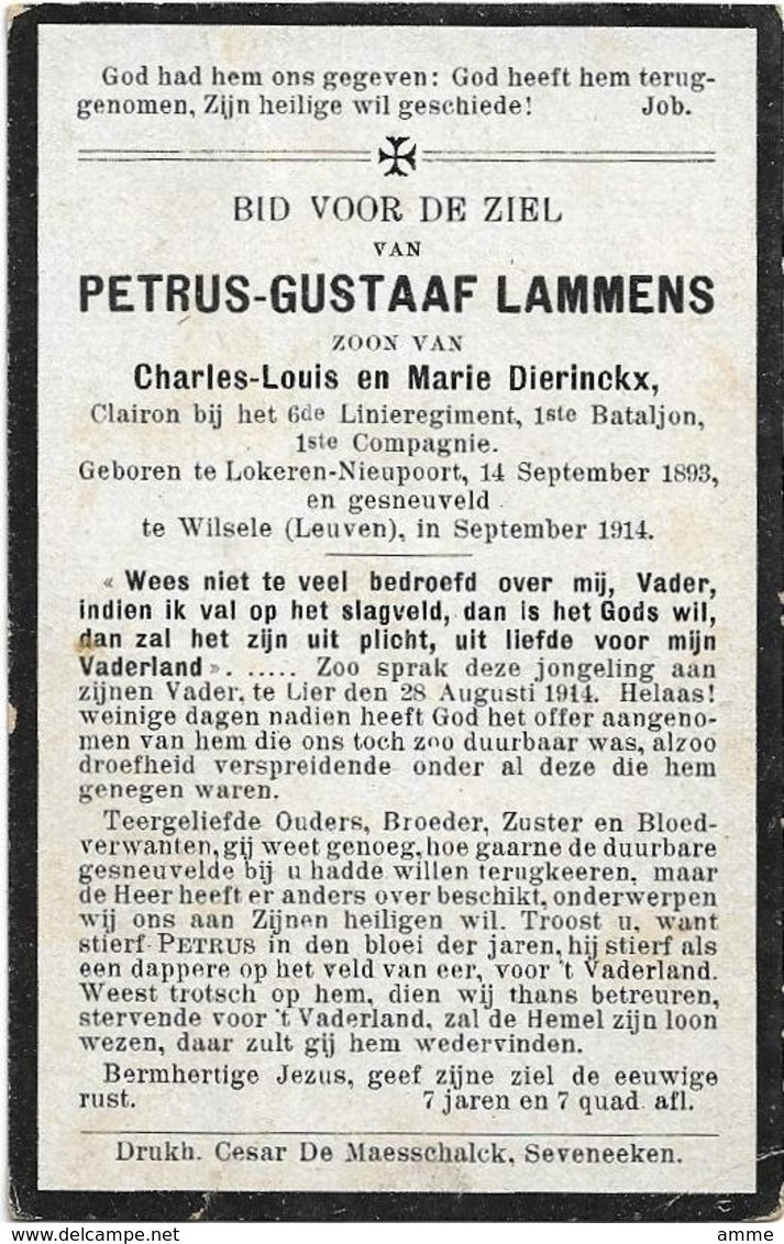 Doodsprentje *  Lammens Petrus  (° Lokeren-Nieupoort 1893 / + Wilsele 1914) Zoon Charles & Dierinckx Marie (Clairon) - Godsdienst & Esoterisme