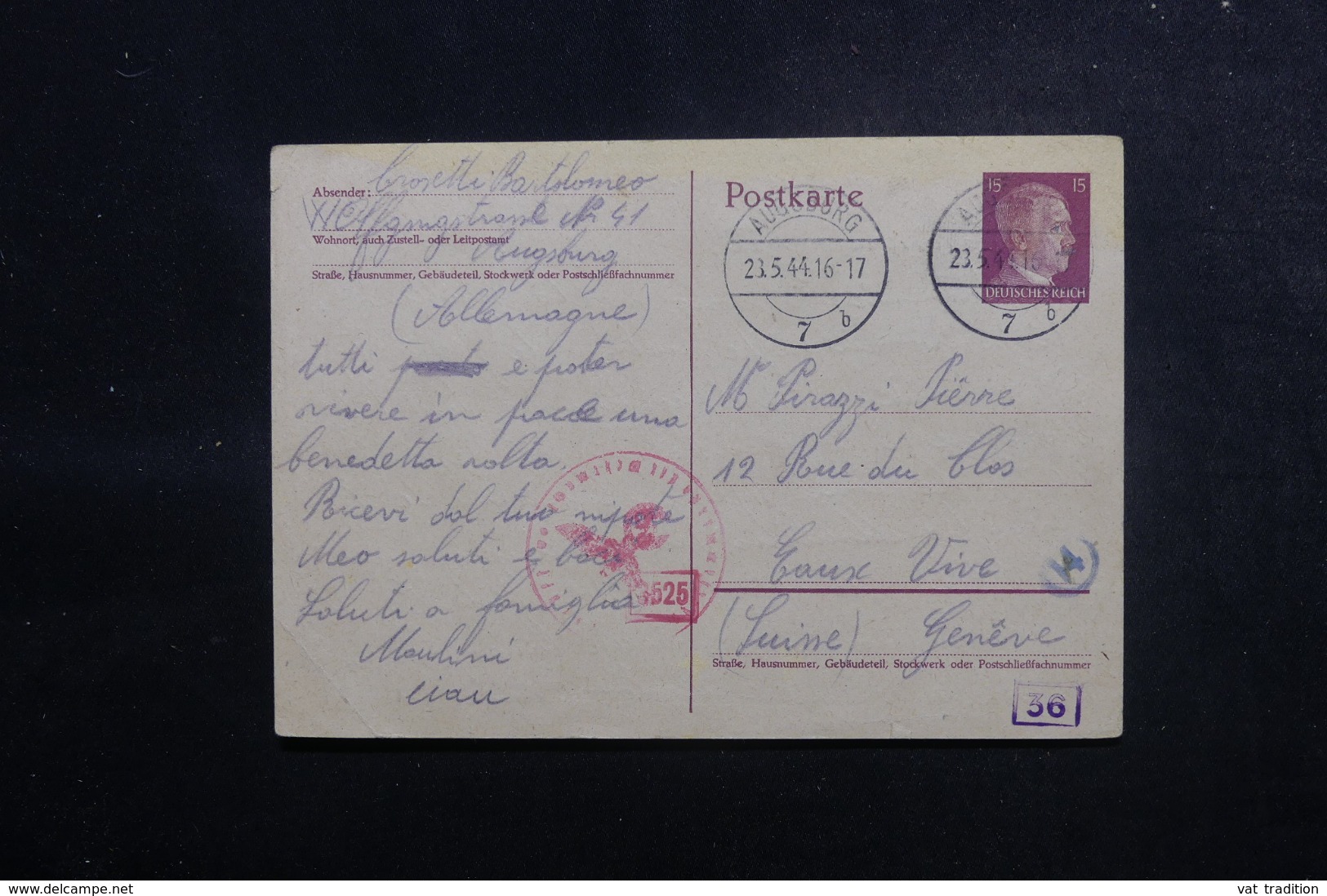 ALLEMAGNE - Entier Postal De Augsburg Pour La Suisse En 1944 Avec Contrôle Postal - L 47925 - Autres & Non Classés