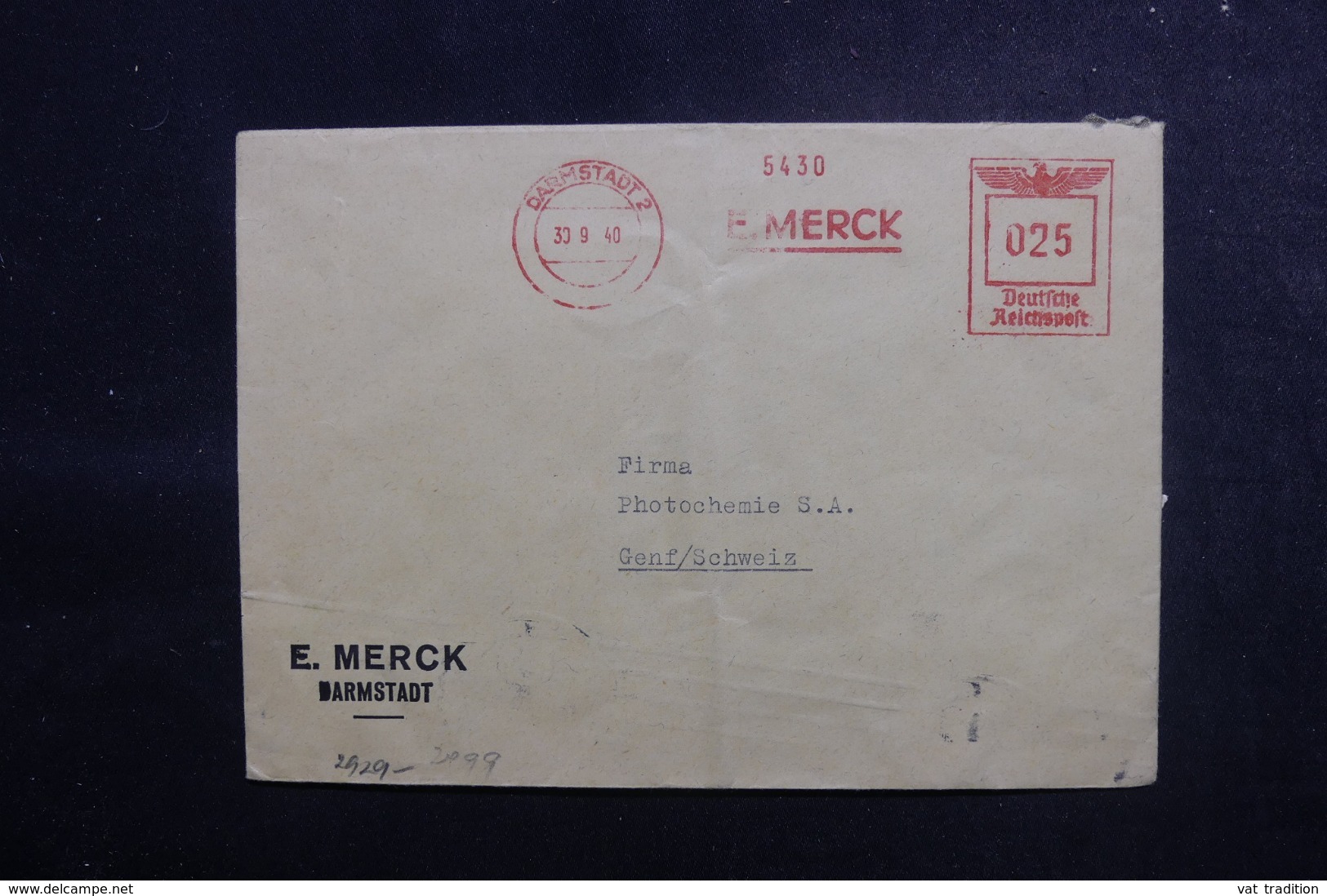 ALLEMAGNE - Enveloppe Commerciale De Darmstadt Pour La Suisse En 1940 Avec Contrôle Postal - L 47927 - Lettres & Documents