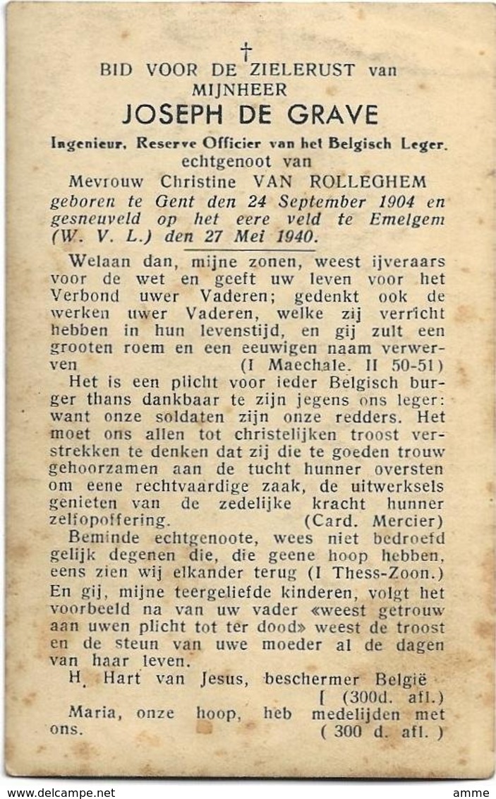 Doodsprentje *  De Grave Joseph (° Gent 1904 / + Emelgem 1940) X Van Rolleghem Christine (Oorlogsslachtoffer) - Godsdienst & Esoterisme