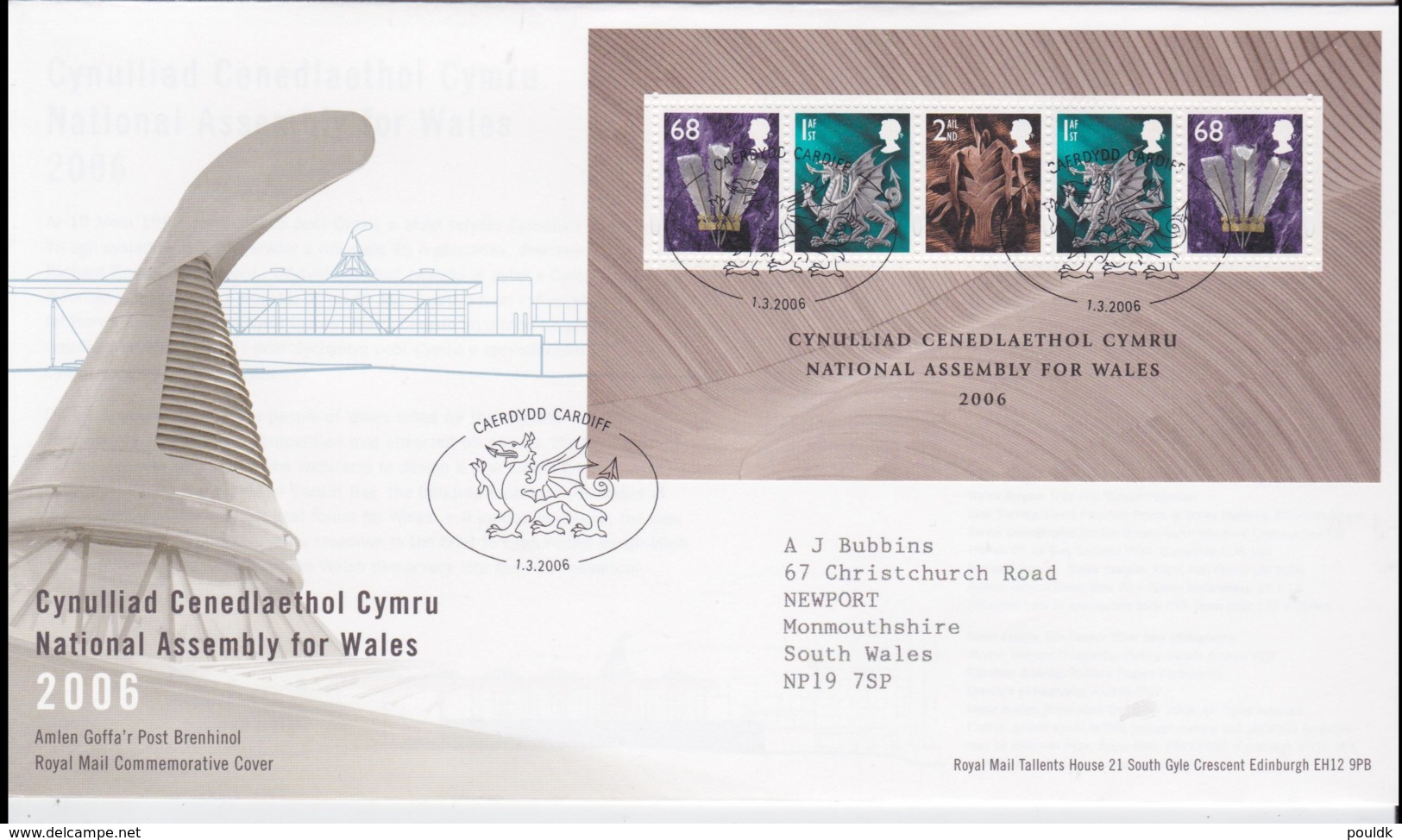 Great Britain FDC 2006 National Assembly For Wales Souvenir Sheet - Caerdydd Cardiff (NB**LAR8-61A) - 2001-2010 Em. Décimales