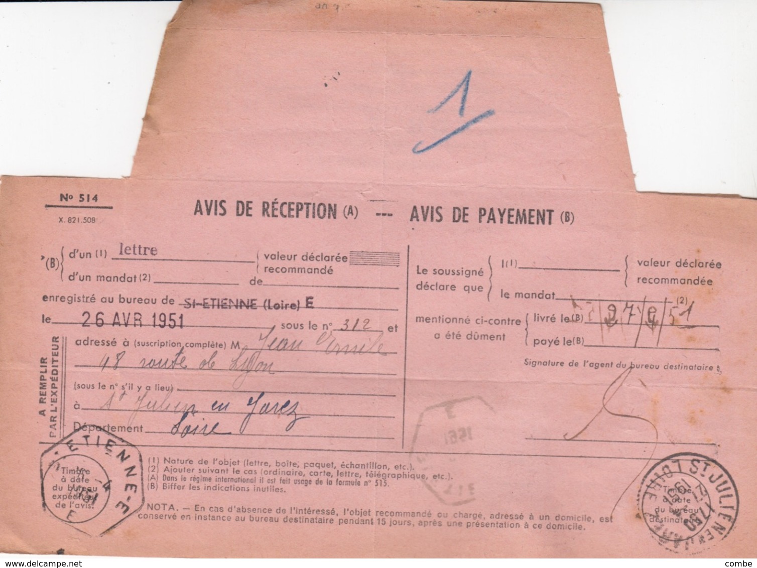 AVIS DE RECEPTION LETTRE. RECETTE AUXILIAIRE URBAINE ST ETIENNE E. GANDON 15F, N° 813 SEUL - 1921-1960: Moderne