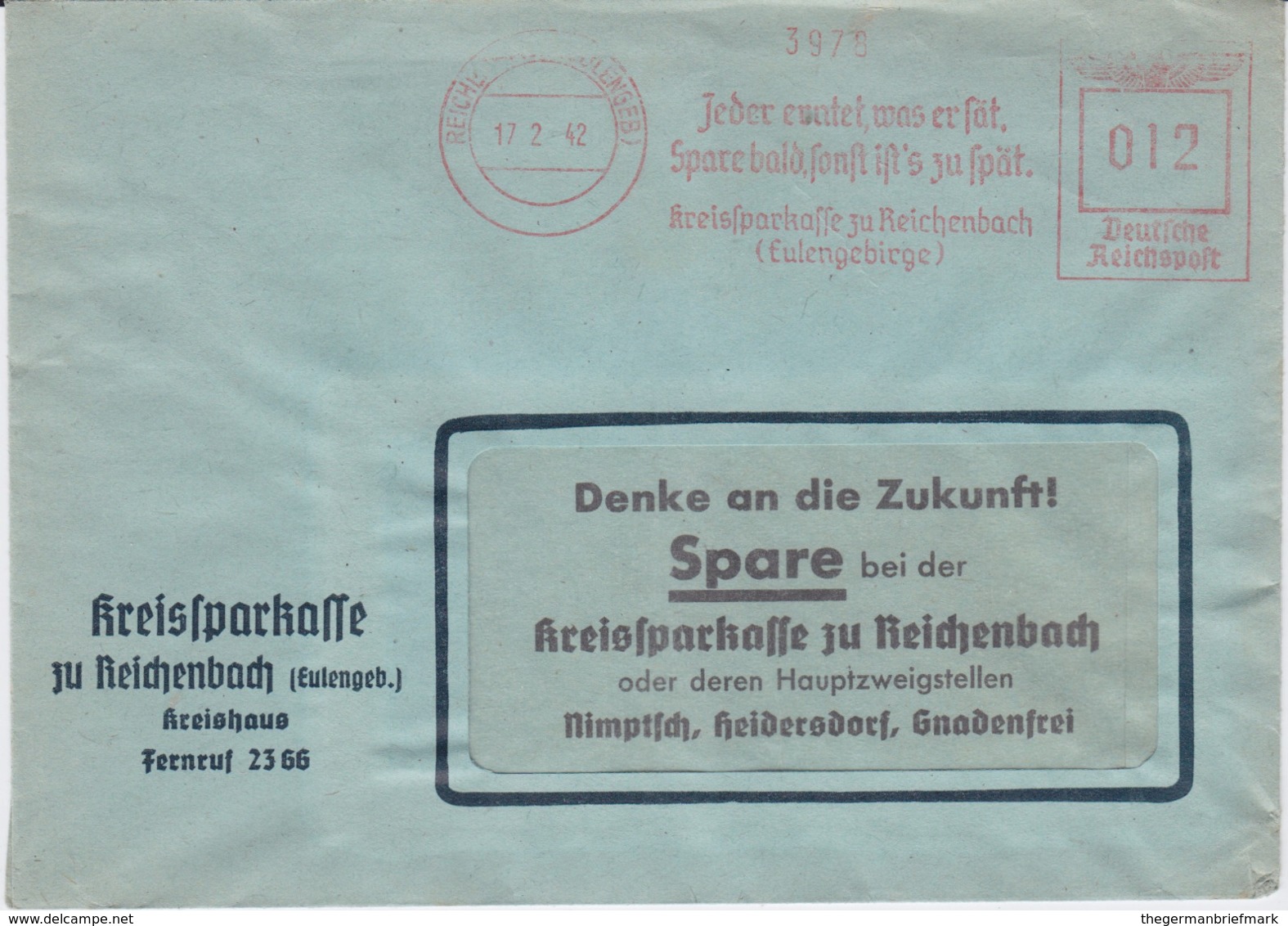 DR 3 Reich Freistempel Bank Bf Reichenbach Eulengebirge Ostgebiete Schlesien 1942 - Franking Machines (EMA)