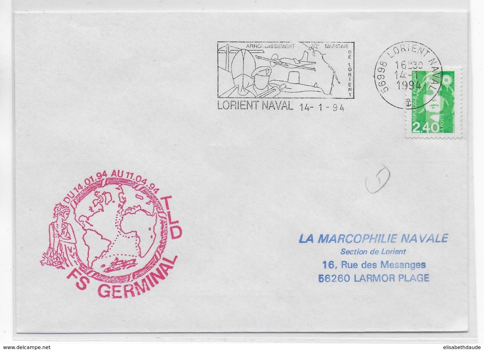 1994 - NAVAL - ENVELOPPE MISSION TLD Du NAVIRE De GUERRE "FREGATE GERMINAL" - LORIENT NAVAL - Poste Navale