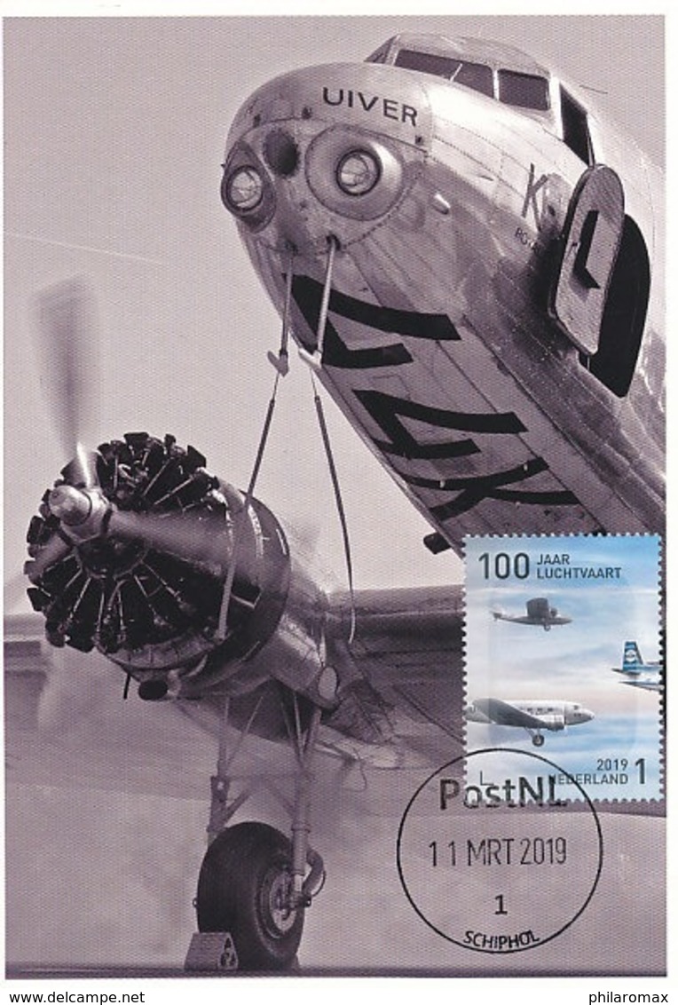 D38610 CARTE MAXIMUM CARD RR FD 2019 NETHERLANDS - DOUGLAS DC-2 DE UIVER - SCHIPHOL 100 YEARS AVIATION CP ORIGINAL - Flugzeuge