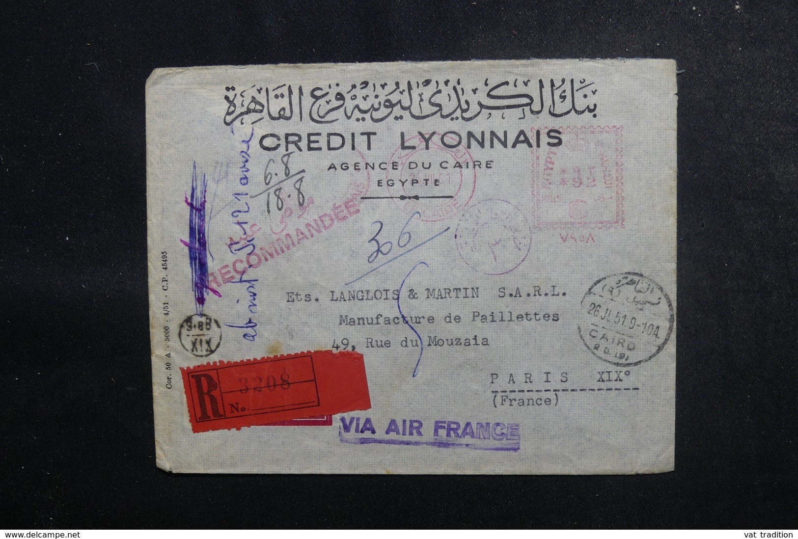 EGYPTE - Enveloppe Commerciale En Recommandé Du Caire Pour La France En 1951, Affranchissement Mécanique - L 47947 - Lettres & Documents