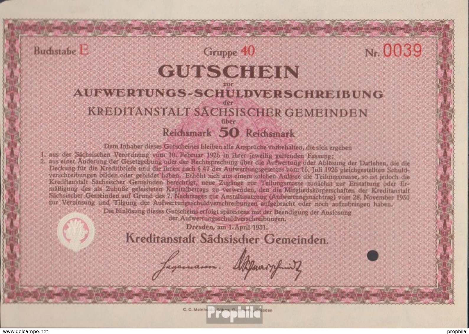 Deutsches Reich 50 Reichsmark, Gutschein Zur Aufwertungs-Schuldverschreibung Sehr Schön 1931 Kreditanstalt Sächs. Geme - Altri & Non Classificati