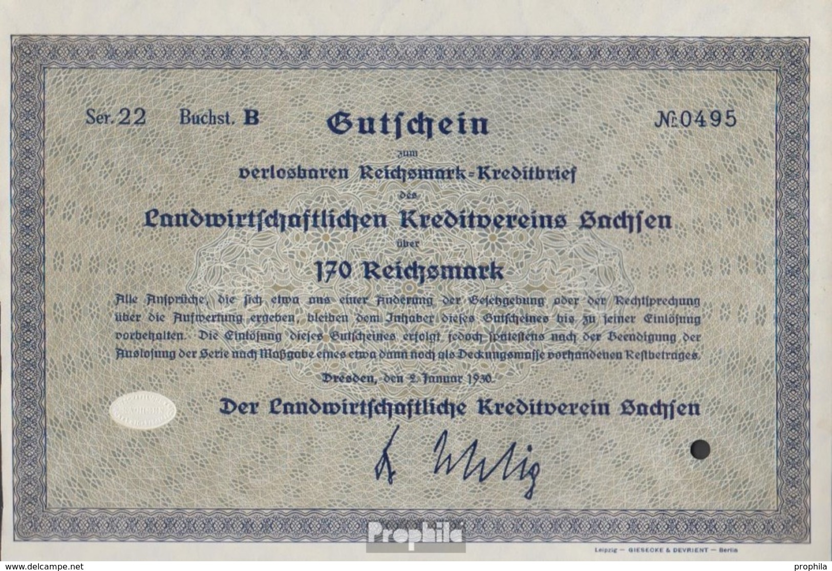 Deutsches Reich 170 Reichsmark, Gutschein Sehr Schön 1930 Landwirts. Kreditverein Sachsen - Other & Unclassified