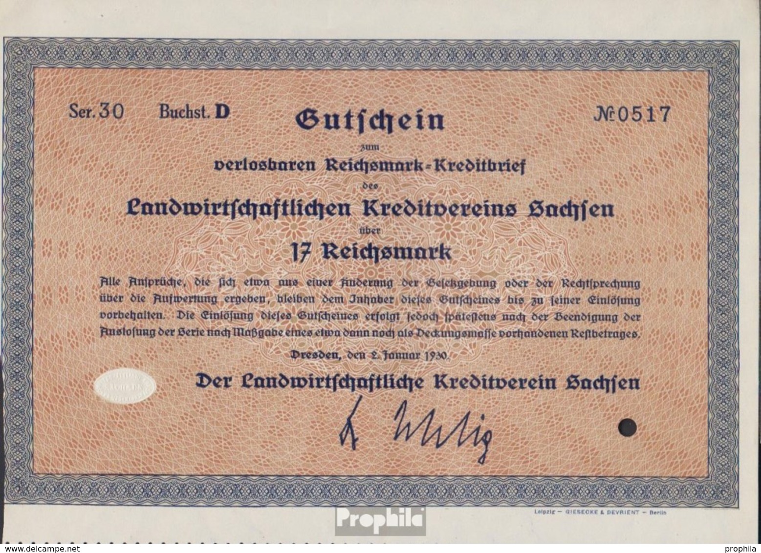 Deutsches Reich 17 Reichsmark, Gutschein Sehr Schön 1930 Landwirts. Kreditverein Sachsen - Altri & Non Classificati